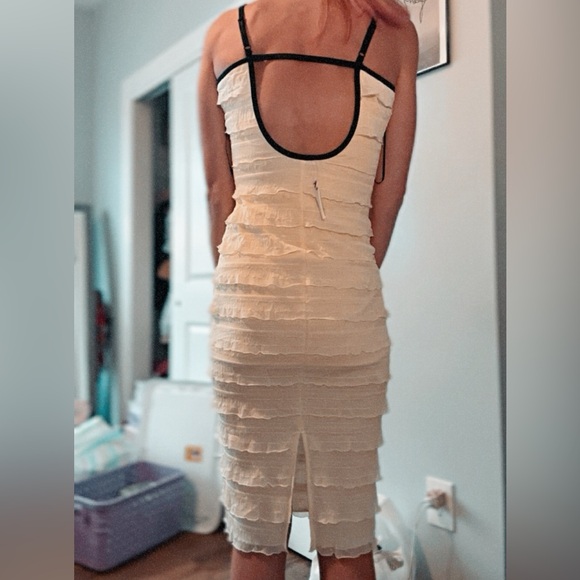 NWT TAYLOR SWIFT TTPD INSPIRED WHITE LAYERED RUFFLE DRESS W BLACK STRAPS AND BOW - Picture 4 of 6